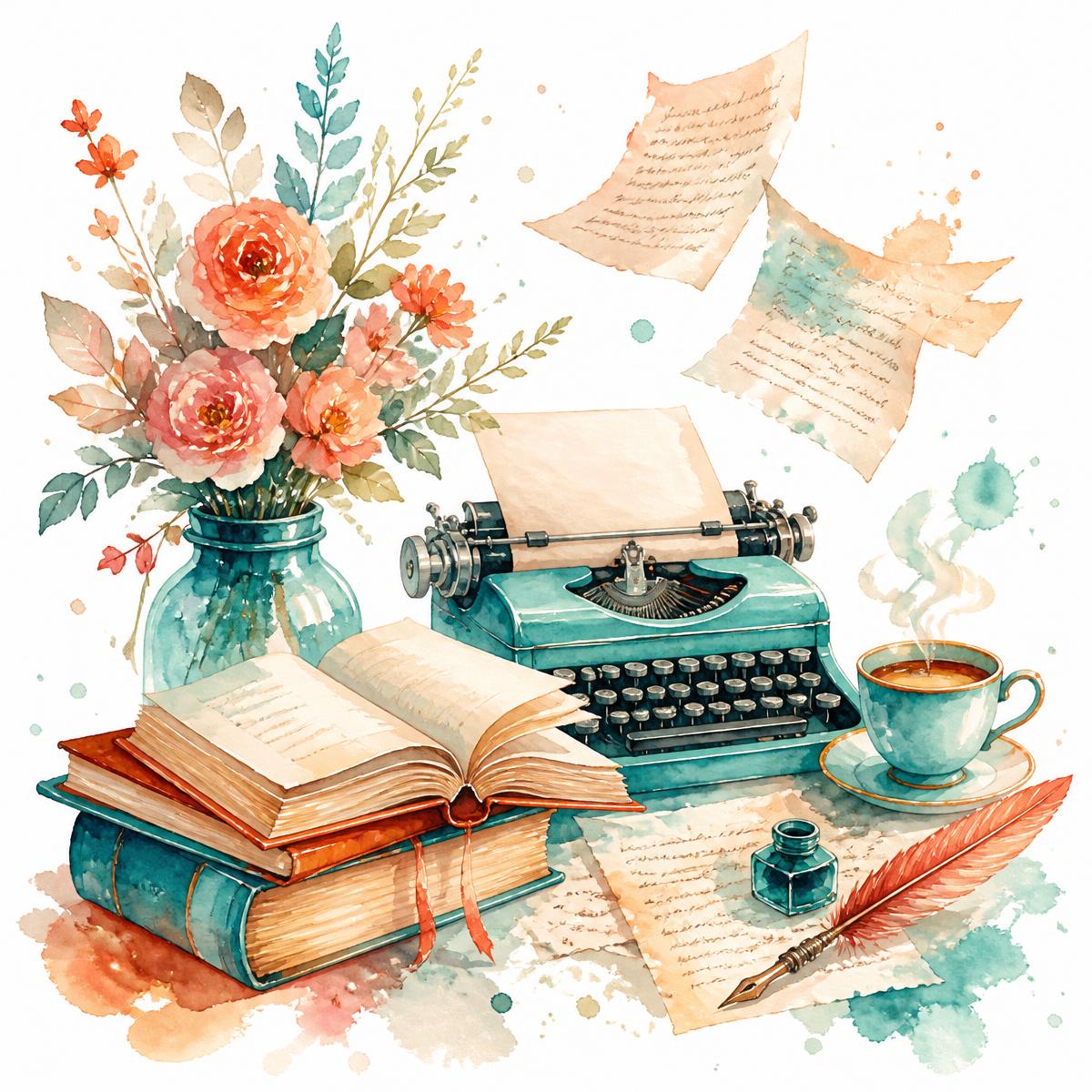 Aquarell: Bücher, Schreibmaschine, Feder und Tee auf einem Autorinnenschreibtisch